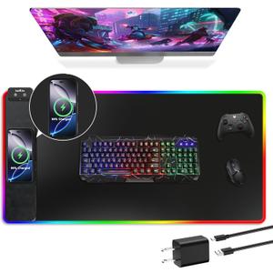 Mouse Pad with Wireless Charging, RGB Gaming Mousepad, Large Desk Mat with Ultra-Smooth Surface, Non-Slip Mouse Mat, Waterproof Computer Keyboard Pad with 18W QC Power Adapter, 800x400x4MM, Black