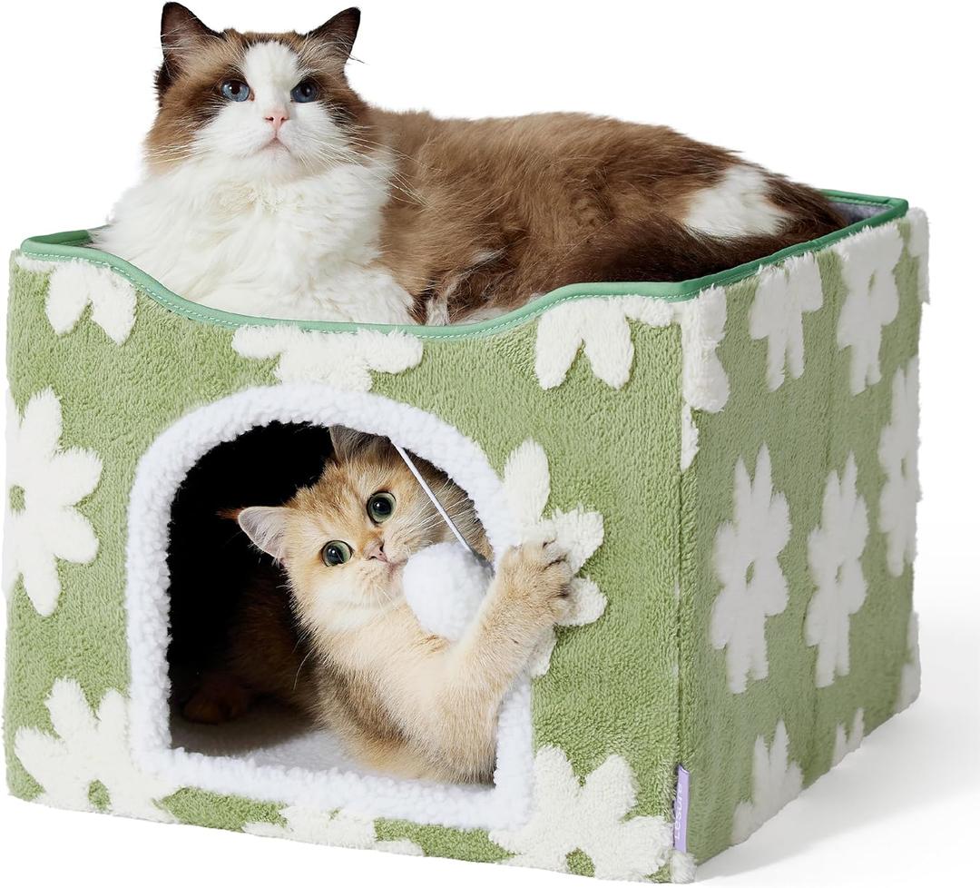 Lesure Indoor Cat Beds Kitten House - Large Cat Cave for Pet Cube with Fluffy Ball Hanging, Foldable Small Animal Hideaway, 16.5x16.5x13 inches, Flower Garden Green