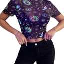 MakeMeChic Women's Mesh Butterfly Crop Top Lettuce Trim Short Sleeve T Shirt (Large)