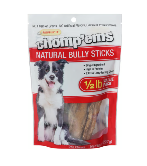 RUFFIN' IT Chomp'ems Natural Bully Sticks Treat Chews for Dogs, 1/ 2lb
 (EXP 05/16/26)