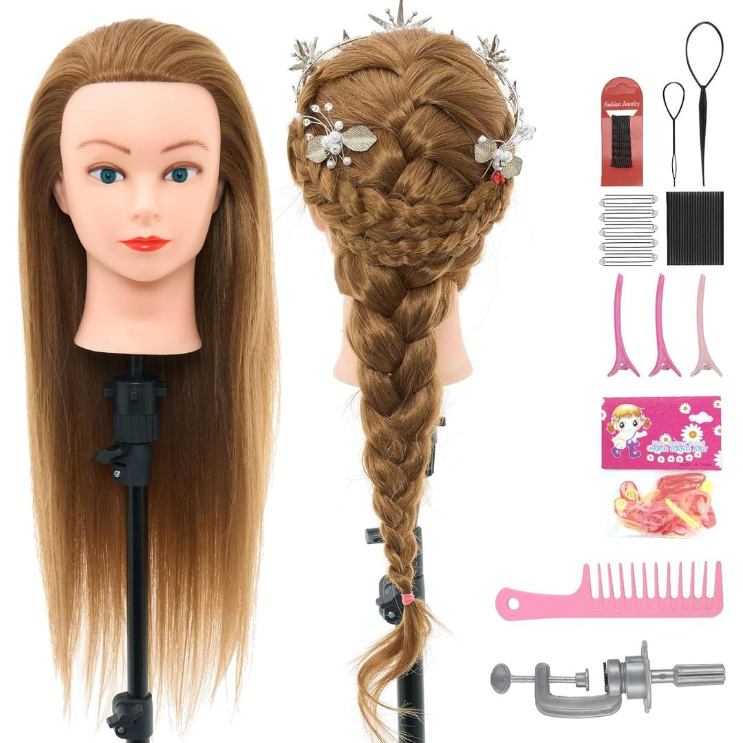 28Inch 80% Real Hair Mannequin Head, Cosmetology Mannequin Head with Hair for Braiding Curling Cuting, Table Clamp Styling Set(Blonde)