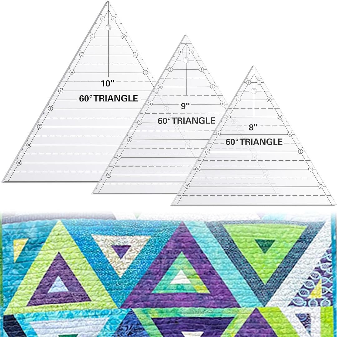 Kigley 3 Pcs 60 Degree Triangle Ruler for Quilting 8 9 10 Inch Acrylic Template Rulers Quilting Sewing Layer Cake Patchwork Supplies for Cutting Pattern DIY Craft(Clear)