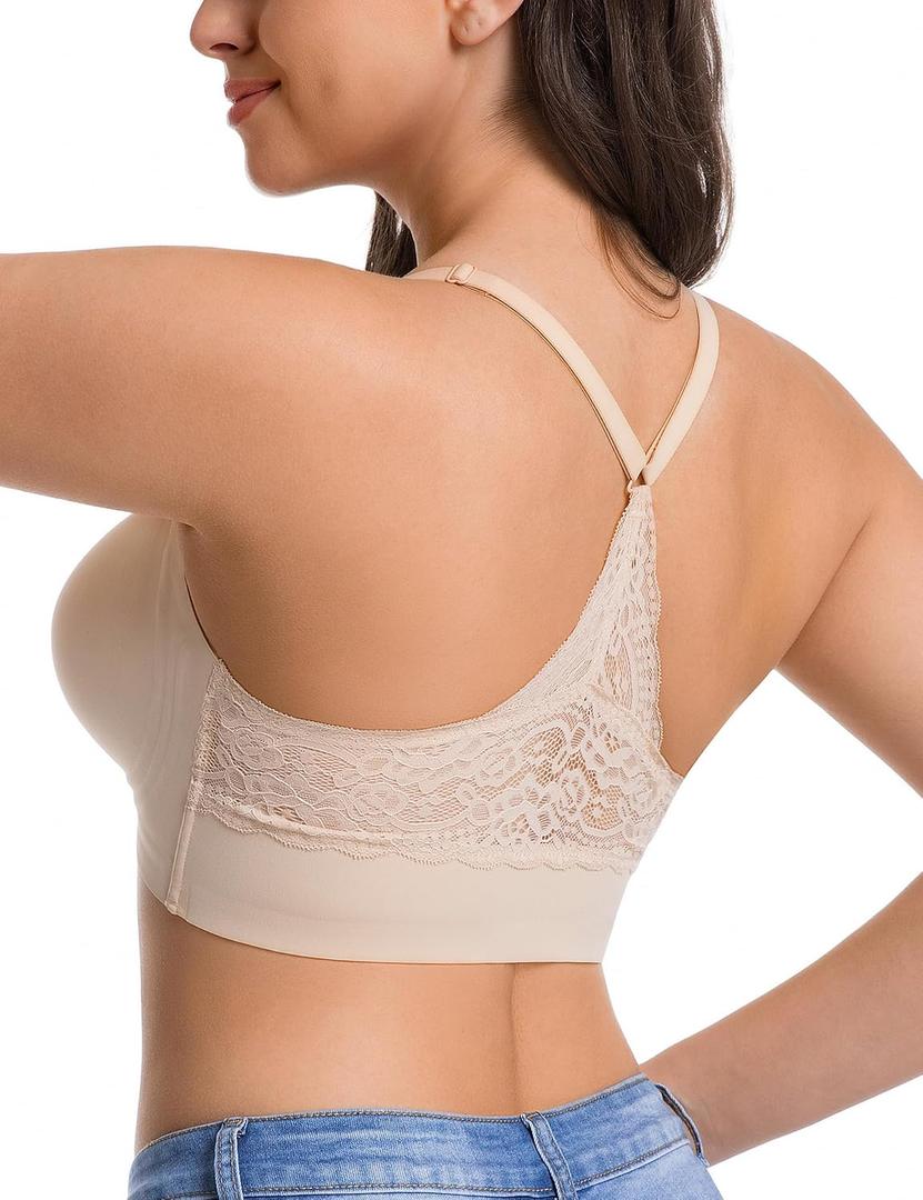 Lusait Womens Jelly Bra Seamless Wireless Lace Racerback Bralette Buttery Soft Comfort Deep V Plunge T-Shirt Bra (Beige, L)
