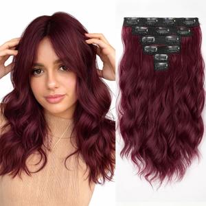 KooKaStyle Short Hair Extensions 6PCS 14 Inch Wavy Curly Hairpieces Synthetic Soft Lace Weft Clip in Hair Extensions-Burgundy for Women