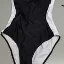 RXRXCOCO Women Slimming Tummy Control One Piece Swimsuits V Neck Crisscross Back Bathing Suit (Size Large, Black and White)