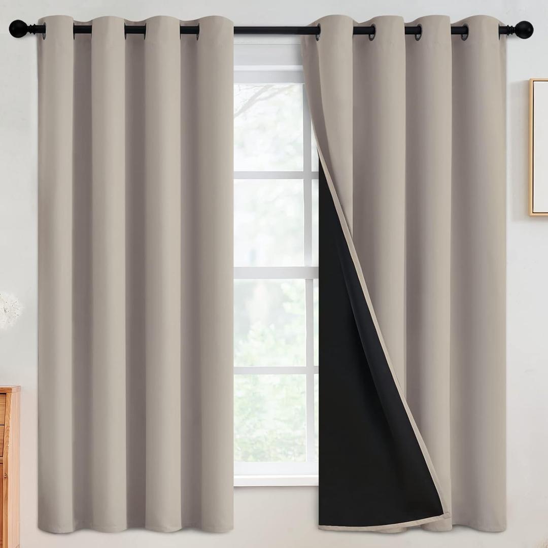 SimpleHome 100% Blackout Curtains for Bedroom,Thermal Insulated Natural Grommet Window Drapes Room Darkening Curtains for Living Room with Black Back,52 x 63 Inch,2 Panels