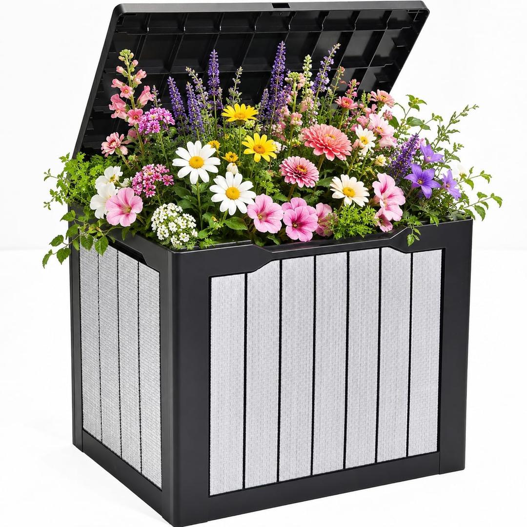 YITAHOME 35 Gallon Deck Box, Waterproof Resin Outdoor Storage Box, Doubles as Bench Seating for Patio Furniture Cushions,Garden Tools & Pool Accessories, Black & Gray