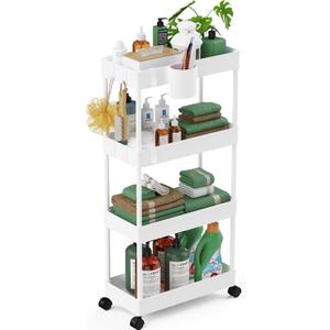 LEHOM Slim Rolling Storage Cart - 4 Tiers Bathroom Organizer Utility Cart Slide Out Storage Shelves Mobile Shelving Unit for Kitchen, Bedroom, Office, Laundry Room, Small Narrow Spaces (7.1" W+White)