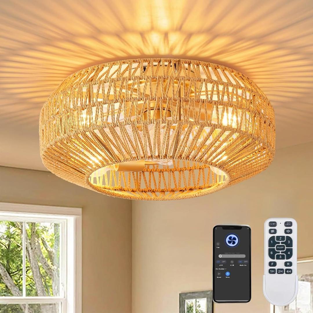 19 Inch Caged Ceiling Fans with Light, Hand-Woven Rattan Low Profile Fandelier Ceiling Fans with Light and Remote Control, 6 Speed, Bladeless Boho Enclosed Flush Mount Ceiling Fan for Bedroom Kitchen