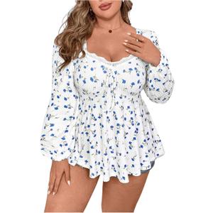 SOLY HUX Women's Plus Size T Shirt Floral Print Lace Trim Bishop Long Sleeve Ruffle Hem Tee Tops (3X-Large Plus)