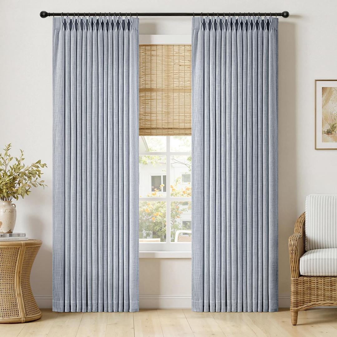 MIULEE Pinch Pleated Thick Linen Curtains 96 Inches Long 2 Panels for Living Room Bedroom, Memory Trained Pleat Drapes Light Filtering Light Blue Semi Sheer Window Curtains Hooks Rings Back Tab