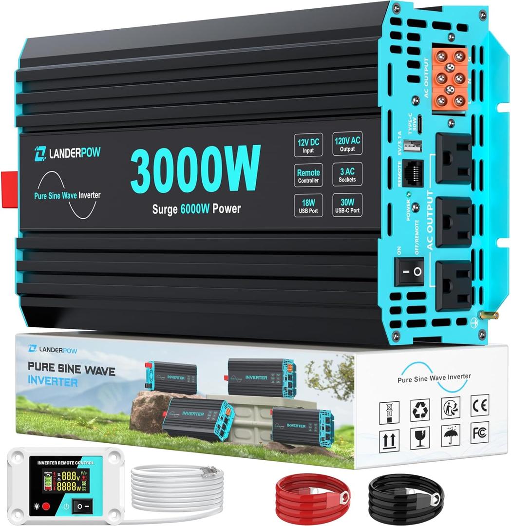 3000 Watt Pure Sine Wave Inverter 12V DC to 120V AC for RV, Truck, Solar, Home, Off-Grid, Power Inverter with 3 AC Outlet, 30W USB-C, 5V 3.1A USB, Hardwire Port, Remote Control, Surge 6000W