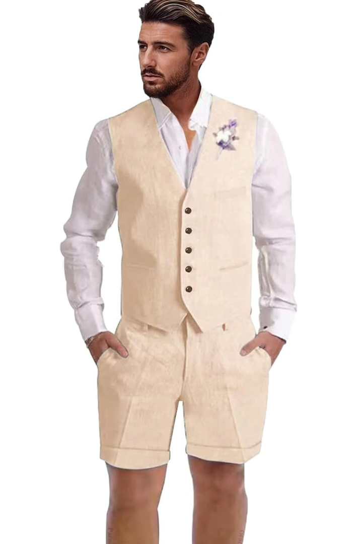 Linen Suit 2 Piece Short Suits for Men Casual Summer Beach Wedding Suit Linen Vest Shorts Set L