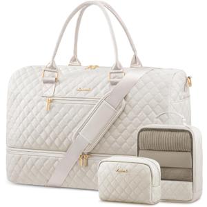 LOVEVOOK Travel Duffle Bag for Women, Weekender Overnight Bag with Shoe Compartment, Carry on Bag with Toiletry Bag, Gym Duffel Bag with Wet Pocket, Hospital Bags for Labor and Delivery 3 Pcs Set (Large, Beige)