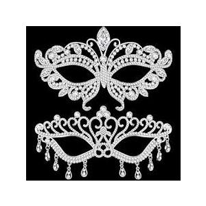 Chivao 2 Pcs Rhinestone Masquerade Mask for Women Men Couple Diamond Venetian Crown Mask Crystal Lace Prom Halloween Party