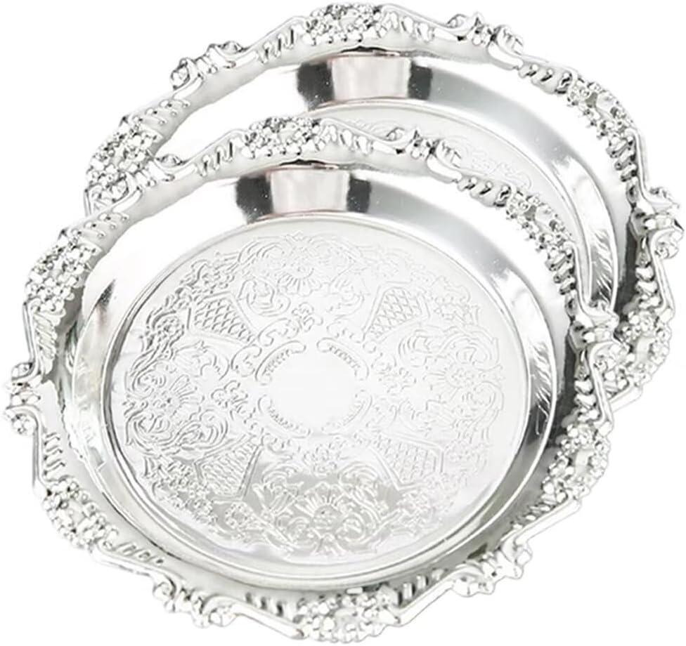 2PCS Coffee Table Tray 11.8in Round Decorative Tray Vintage Metal Dessert Plates for Snacks Fruit Silver