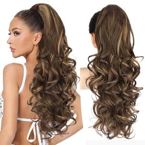ALXNAN Ponytail Extension,24 Inch Claw Clip in Long Curly Wavy Chocolate Brown with Highlights Ponytail Hair Extension Jaw Clip on Pony Tails Hairpiece for Women