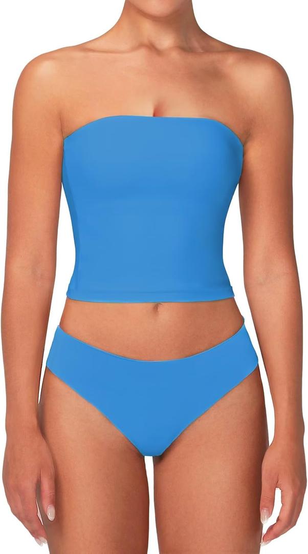 Sunzel Womens Strapless Sexy Tube Top Double Lined Sleeveless Crop Top Summer Basic Bandeau Tops for Layering or Going Out (L, Classic Blue)