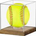 Clear Acrylic Softball Display Case with Wood Base, Memorabilia Stand Cube Holder, Dust Protection Transparent Storage Box for Single Ball Souvenir Softball Collections (1-Pack)