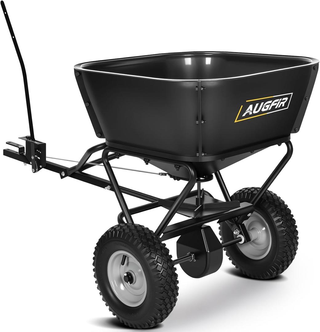 Tow Behind Broadcast Spreader, 130 LBS Hopper Pull Behind Lawn Garden Spreader with Adjustable Flow Control, 12 FT Spread Width Heavy Duty Fertilizer and Seed Spreaders for Riding Mower, Tractor, ATV