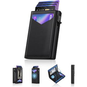 Wallet for Men, RFID Wallet with Money Clip & ID Window, Minimalist Pop Up Credit Card Case Holder 10-12 Cards, Bifold Slim Smart Wallet for Front Pocket, Compact Metal Wallets, Gifts for Men, Black