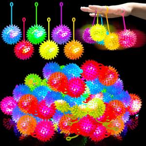 36 Pack Light Up Bouncy Balls LED Spiky Ball with Rope Fidget Sensory Stress Toys Grow in The Dark Flashing for Party Favors, 2.6 Inch