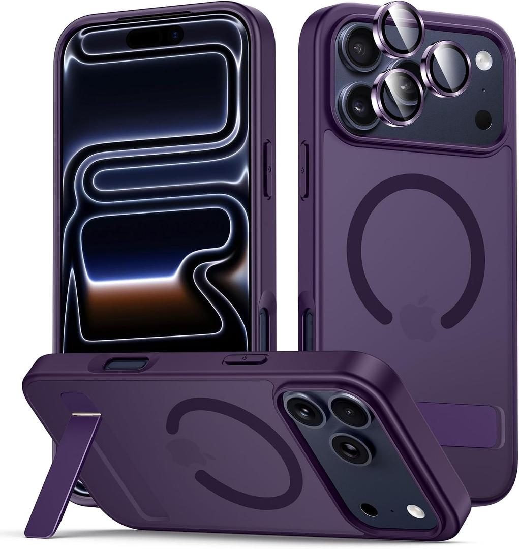 LEKEVO for iPhone 17 Pro Case with Stand, Compatible with MagSafe, Camera Lens Protector, Translucent Matte Slim Silicone Shockproof Magnetic Phone Cover, Purple