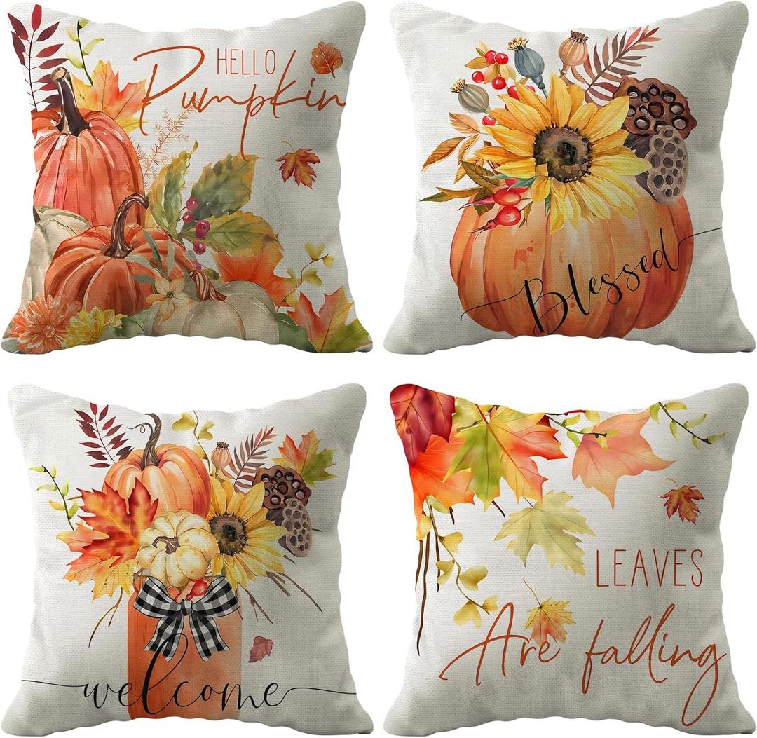 Fall Decor Pillow Covers 18x18 Set of 4 Pumpkin Maple Leaves Sunflower Vase Fall Outdoor Throw Pillows Covers Autumn Farmhouse Thanksgiving Decorative Cushion Case for Couch Sofa