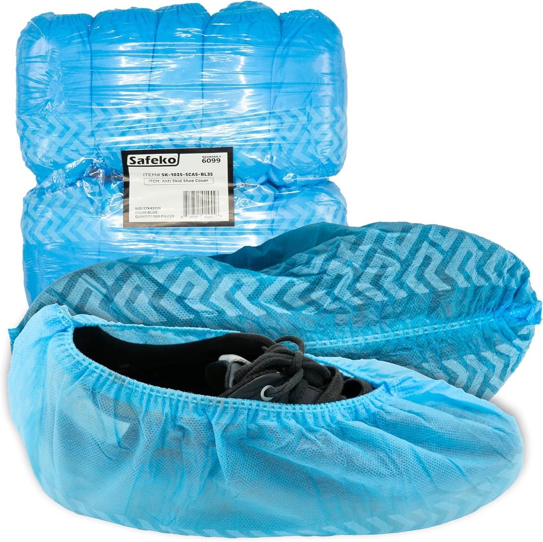 Premium Disposable Boot & Shoe Covers Booties, Durable, Non-Slip, Non-Toxic, Recyclable Protectors, Fits Most Shoes - Blue - Pack of 100 (50 Pairs)