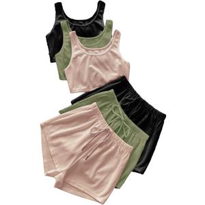 GORGLITTER Women's Summer Lounge Set Soft Athleisure Outfit for Vacation and Casual Wear (Medium, Beige Green Black)