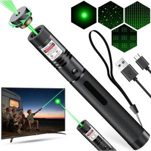 [Professional]USB-C Rechargeable High Power Green Pointer, Long Range with Star Cap&5 Adjustable Modes, Tactical Flashlight for Construction, Astronomy, Outdoor Hunting,Hiking&Camping, Presentations