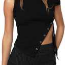 Halfword Asymmetrical Tops for Women Summer Slit Hem Botton Down One Shoulder Sexy Crop Tank Tops Night Out Going Out Tee (Small, Black)