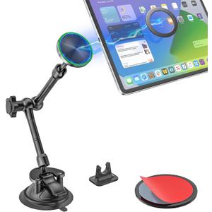Magnetic Tablet Holder for Car - Strong Magnet, Metal Arm Dashboard Windshield iPad Suction Mount for Truck, Pickup, SUV, Van, Fit for 4-11" iPad Pro/Air/Mini, Galaxy Tabs, iPhone