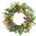 20" Artificial Spring Summer Wreath with Fake Butterflies,Eucalyptus Leaves,Daisy,Dry Vine Branches,Fern Leaves for Front Door Indoor Outdoor Farmhouse Wall Holiday Decor, White Gift Box Included (Yellow Butterflies and Purple Butterflies)