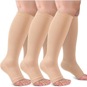CTHH 3 Pack Open Toe Compression Socks for Women & Men, 20-30mmHg Toeless Knee High Stockings for Circulation Support, Nude Small-Medium