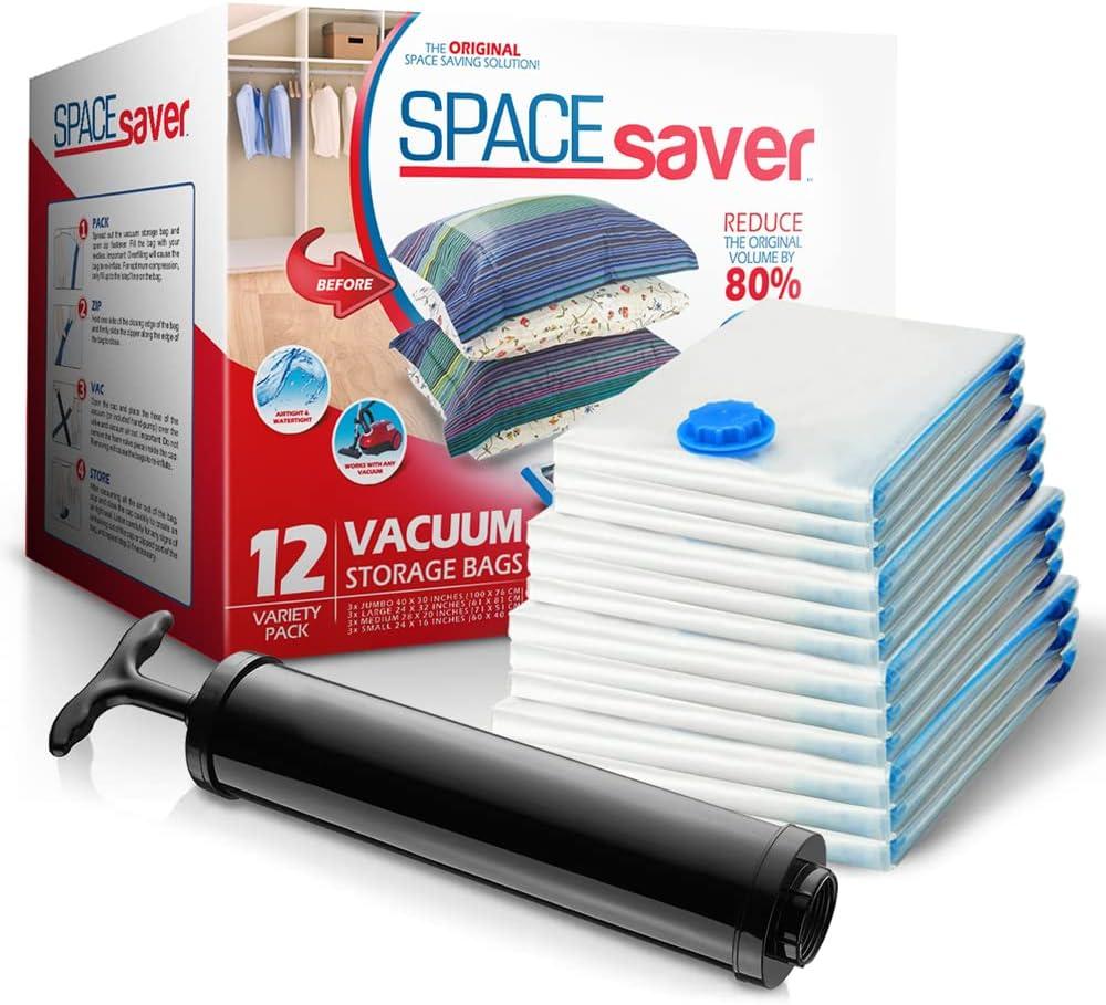 Spacesaver Variety Vacuum Storage Bags for Comforters, Blankets & Clothes Sealed Compression Bags with Hand Pump Space Saver Bags for Bedding,Travel & Organization - 3S, 3M, 3L & 3XL - Pack of 12
