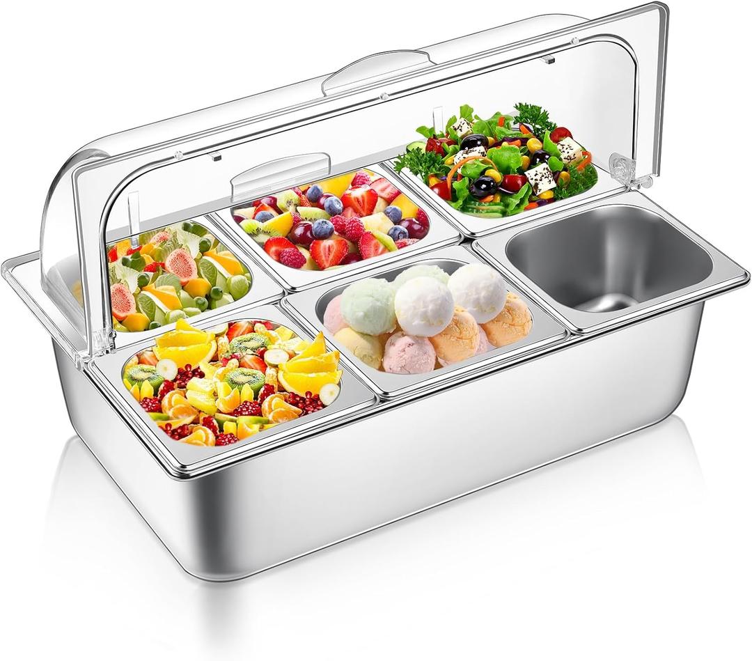 Countertop Food Serving Display Container and Clear Roll Top Cover Stainless Steel Food Serving Tray Buffet Condiment Dispenser Display Rack for Restaurant Hotel Kitchen Party (21 x 13 x 13'')