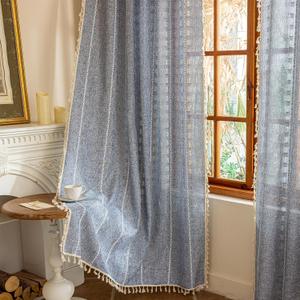 Boho Sheer Blue Curtains 84 inches Long 2 Panels for Living Room Bedroom,Farmhouse, Bohemian Beige Tassels Country Light Filtering Curtains Shabby Chic Embroidery Striped Draps Back Tab, 50" W