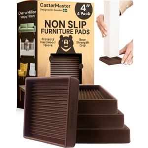 CasterMaster Non-Slip Furniture Pads Square Rubber Anti-Skid Caster Cups, Anti-Sliding Floor Protectors for Furniture (Brown, 4'' x 4'' (Pack of 4)