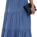 PRETTYGARDEN Summer Dresses for Women 2025 Casual Floral Boho Midi Sun Dress Puff Short Sleeve Flowy Beach Vacation Sundress (Solid Blue, Medium)