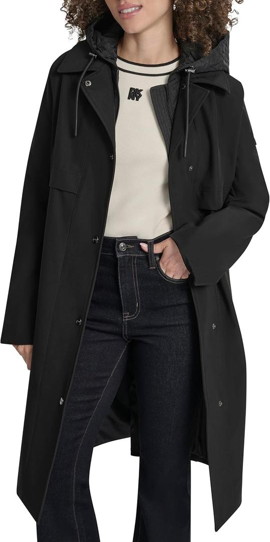 DKNY womens Belted Trench Coat With Hood  Lightweight Water-resistant Long Jacket (X-Large, Black)