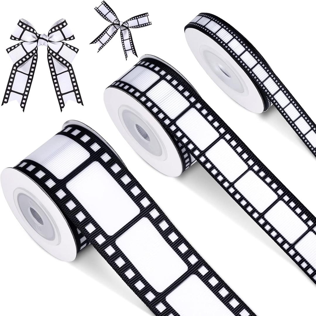 Cunno 3 Rolls Filmstrip Ribbon Film Movie Ribbon Decorating Material Party Accessory for Theatre Cinema Themed Party Decor Home DIY Wrapping Wreaths Crafts, 0.4, 0.87, 1.5 Inch Wide, 15 Yard (Black and White)