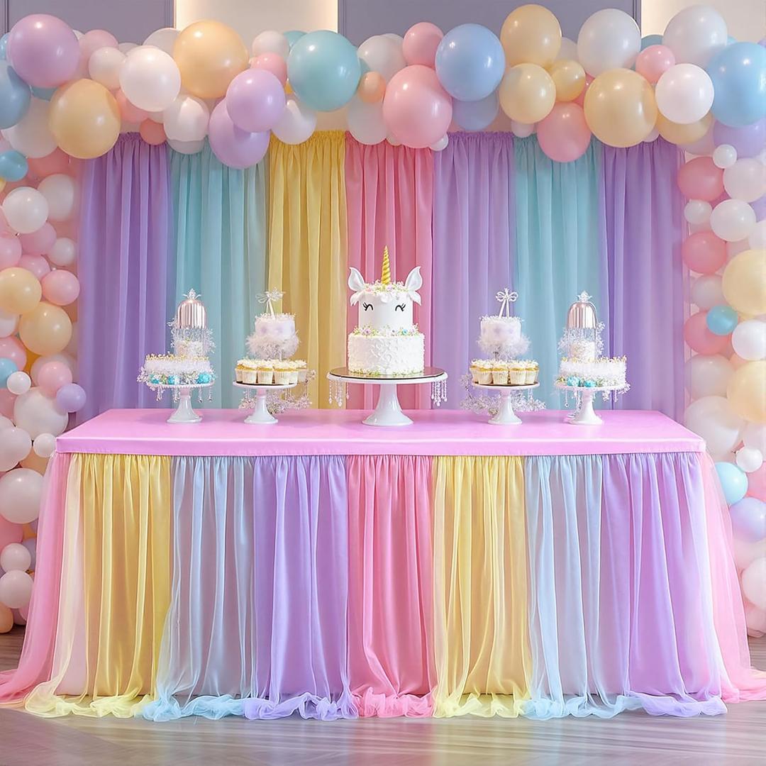 2-in-1 Rainbow Tablecloths with Tulle Table Skirt for 6 Foot Rectangle Tables, Party Ruffle Tutu Table Skirt Stretch Fitted Covers for Wedding Reception Birthday Baby Shower Celebration Banquet Event