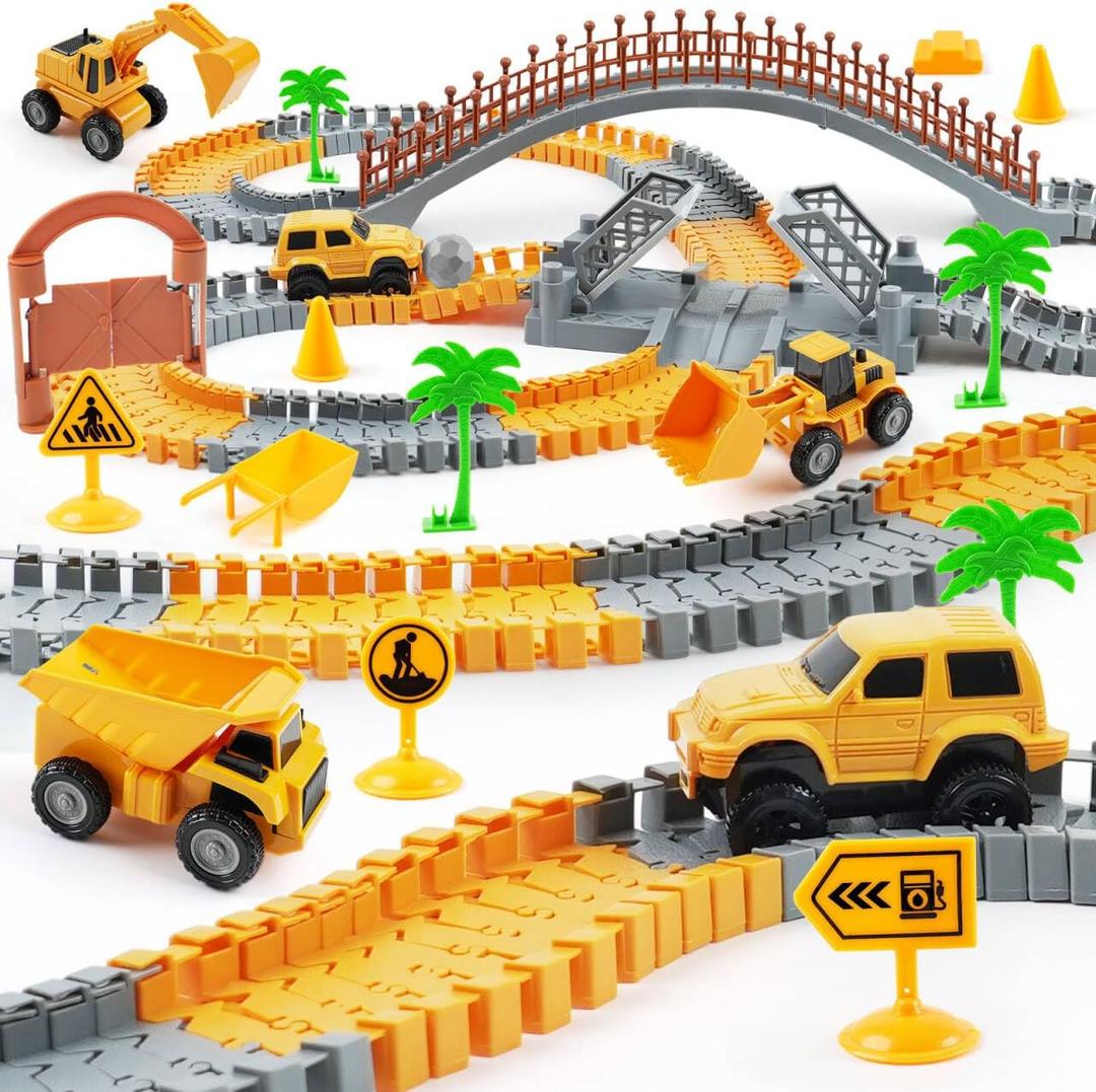 Construction Race Car Track Set for Kids - Flexible Engineering Toys with 2 Electric Cars, Birthday Gift for 3 4 5 6 7 Year Old Boys, DIY Road Games Playset with 220+ PCS
