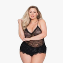 Floral Lace Cami & Cheeky Satin Short Black 1X/2X