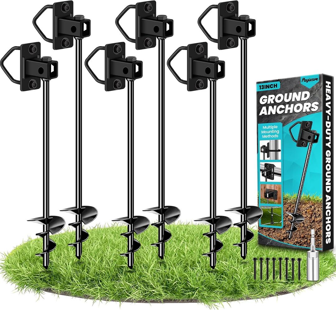 Ground Anchors Screw in, Multi-Purpose Trampoline Stakes Heavy Duty, 3" Wider Spiral Mobile Home Anchors Hurricane Earth Anchor for Trampoline, Storage Shed, Swing Sets, Carports, 6Pcs