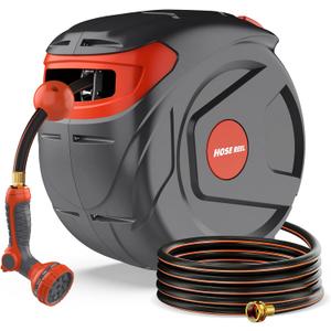 Retractable Garden Hose Reel 1/2 Inch 100 FT Wall-Mounted 180° Swivel 9-Patern Nozzle Automatic Slow Return Any Length Lock Hose Reels for Homeowners Garden Farm