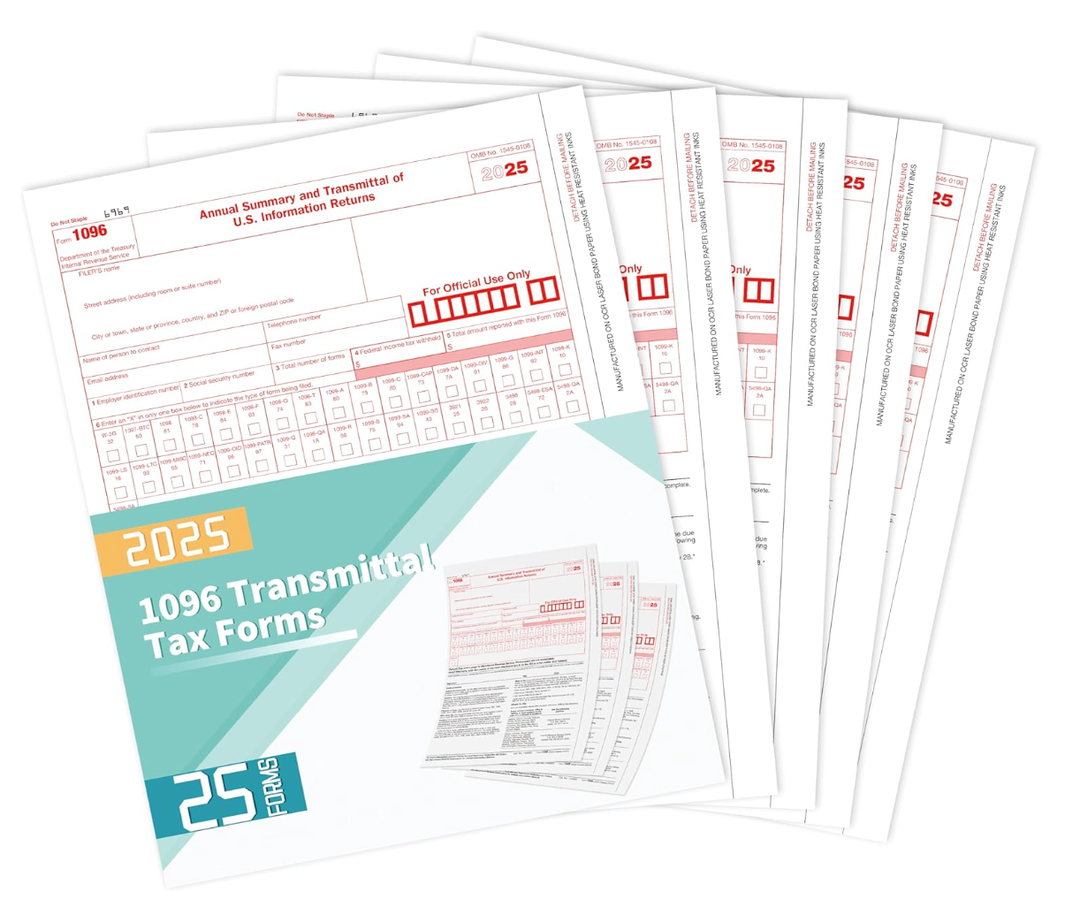1096 Transmittal Tax Forms 2025, 25 Pack of 1096 Summary Laser Tax Forms, Compatible with QuickBooks and Accounting Software, Use for 1099 NEC, MISC, INT, and Other 1099 Forms