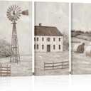 3 x HOMEOART Rustic Farmhouse Canvas Wall Art Living Room Decor Farm House Country Style Decoration Windmill Barn Pictures Wall Decor, Framed Ready to Hang, 16x32inchx3Pieces