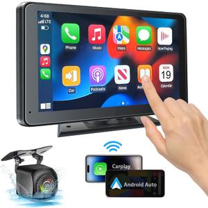 Portable Wireless with Apple CarPlay and Android Auto Screen for Car, 7" HD Touch Screen Car Stereo with Mirror Link, Bluetooth 5.2, Backup Camera, AUX,FM Transmitter for All Vehicle